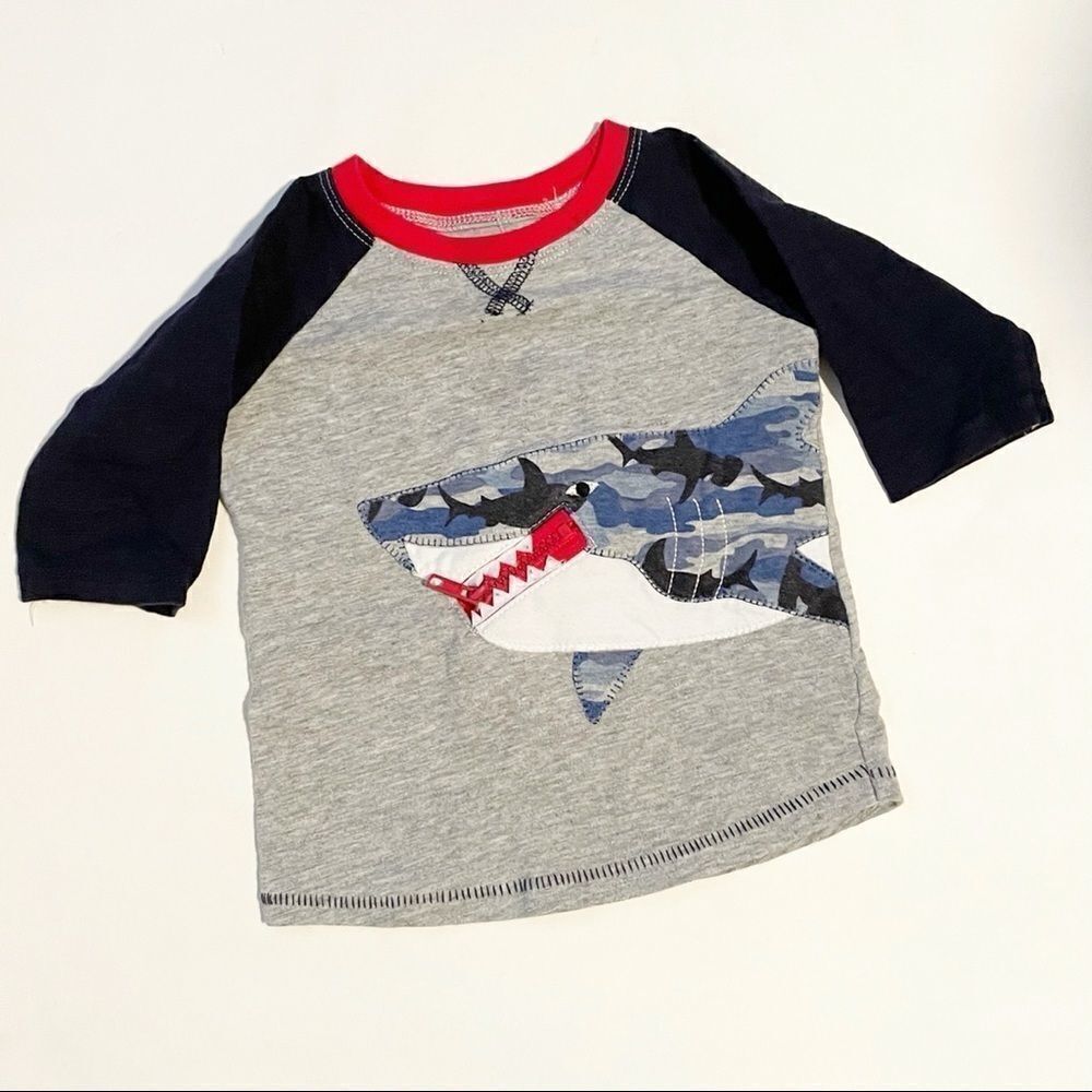 Mud Pie Shark Pirate Ship 3/4 Length Baby T-shirt Appliqué Size 12-18 months